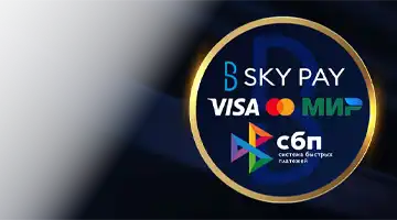 Изображение популярных платежных логотипов, таких как Visa, Mastercard и МИР, а также Sky Pay, подчеркивающее гибкость платежей в Казино Lev.